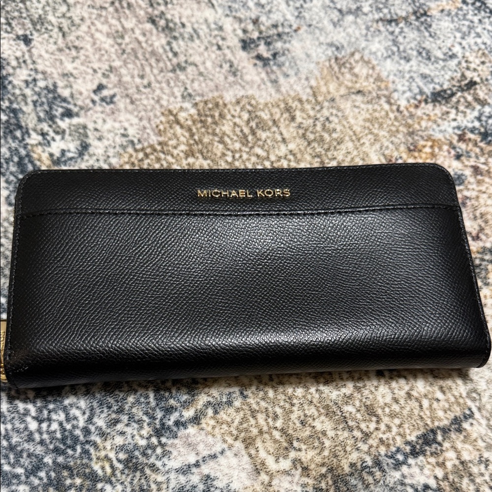 Michael Kors Black Saffiano Leather Zip-Around Wallet with Gold Logo